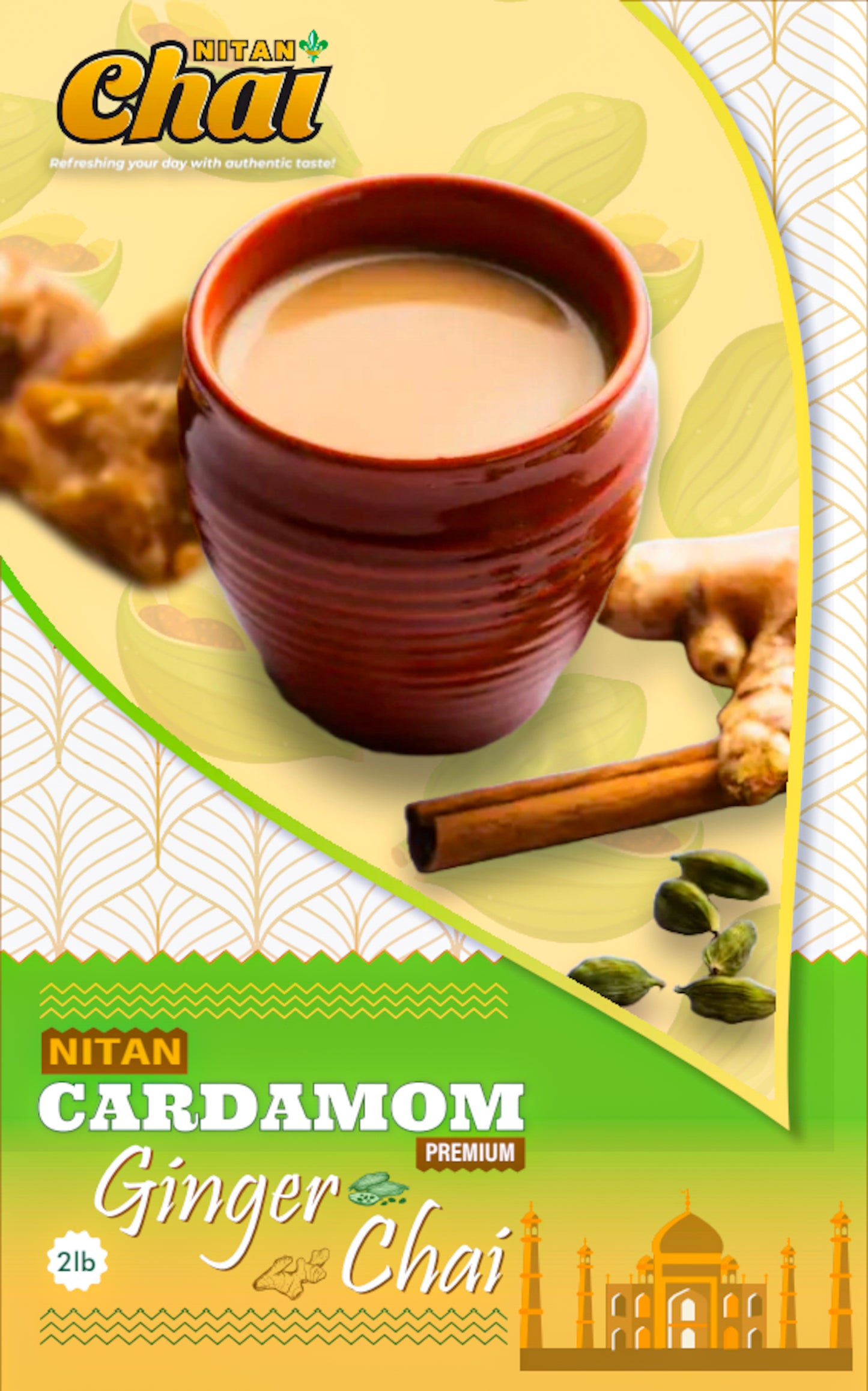 Nitan Cardamom Ginger Chai packaging with a cup of chai and spices on a green background