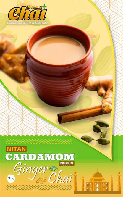 Nitan Cardamom Ginger Chai packaging with a cup of chai and spices on a green background